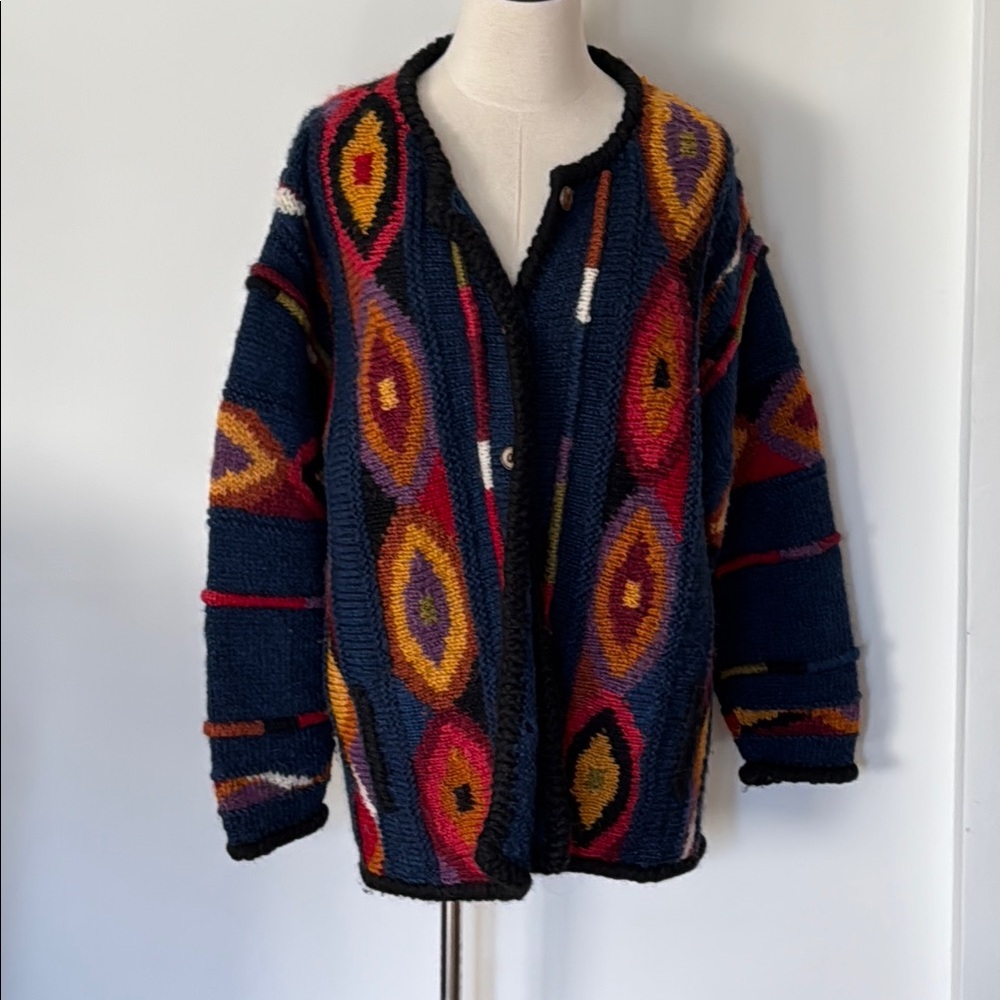 100% Wool Nepal Made Colorful Geometric Knit Cardigan Newari